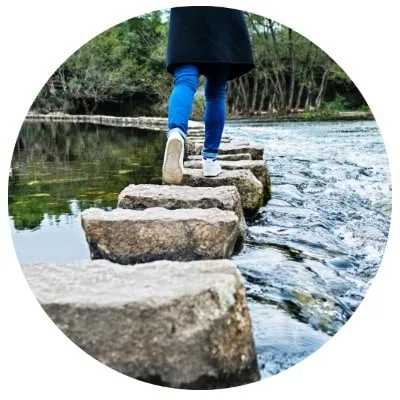 Someone walking across stepping stones on a pond